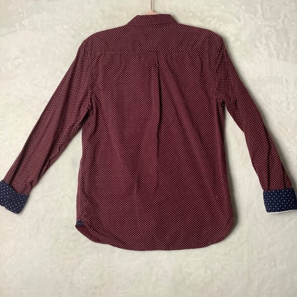 Denim & Flower Micro Dot Button Down Slim Fit Shirt Men Medium Flip Cuff Maroon - Picture 2 of 6